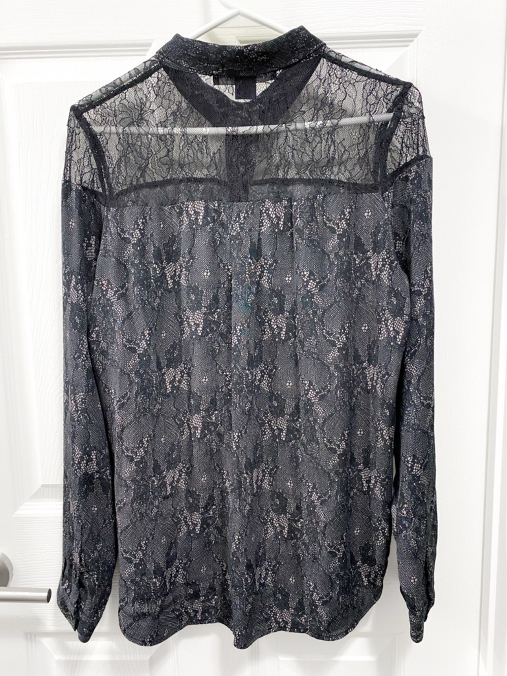 French Connection Black and Dusty Mauve Lace Cold Shoulder Button-Down Blouse - Picture 2 of 4